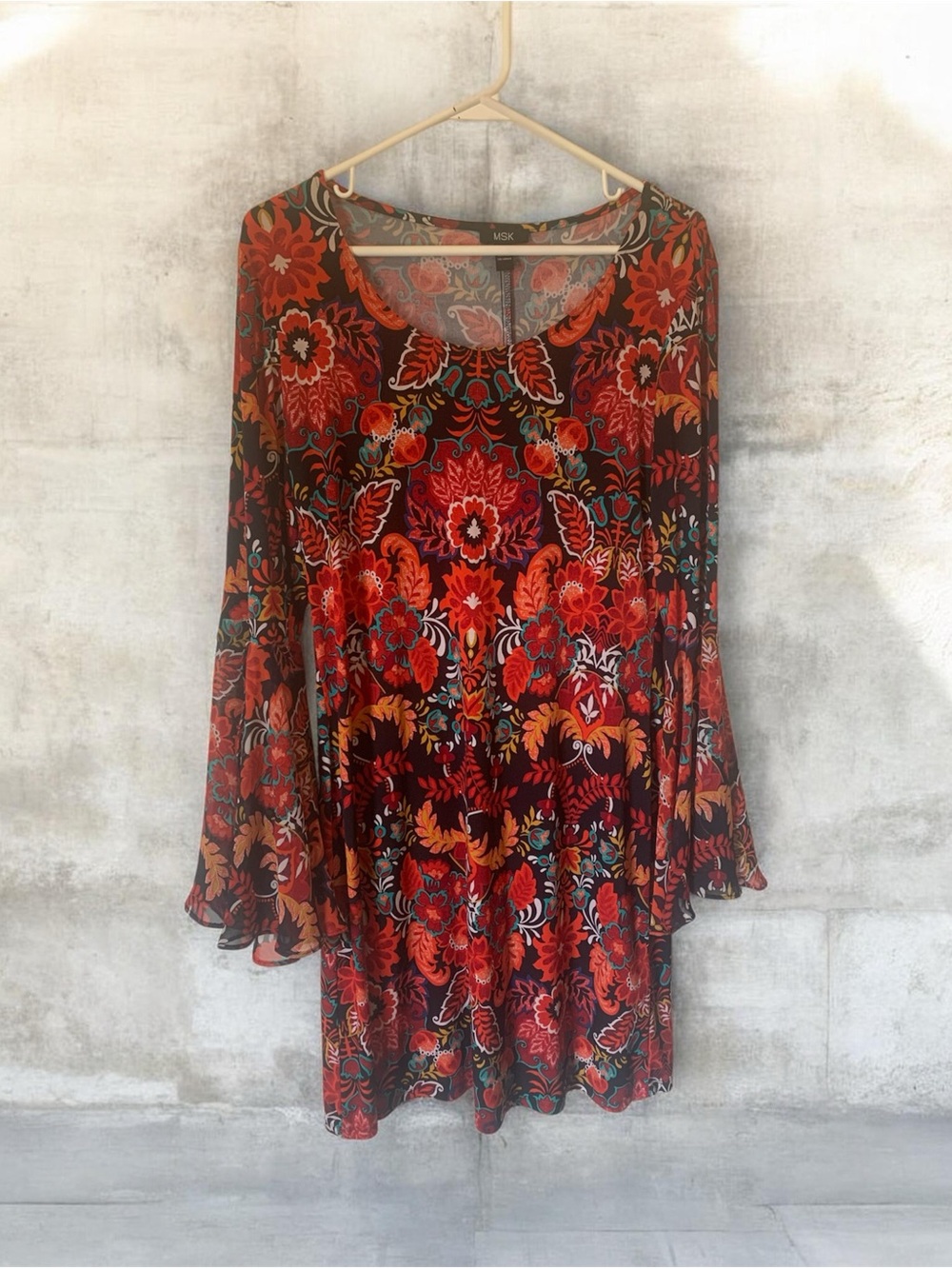 MSK Vibrant Boho Patterned Bell Sleeve Dress Size Medium